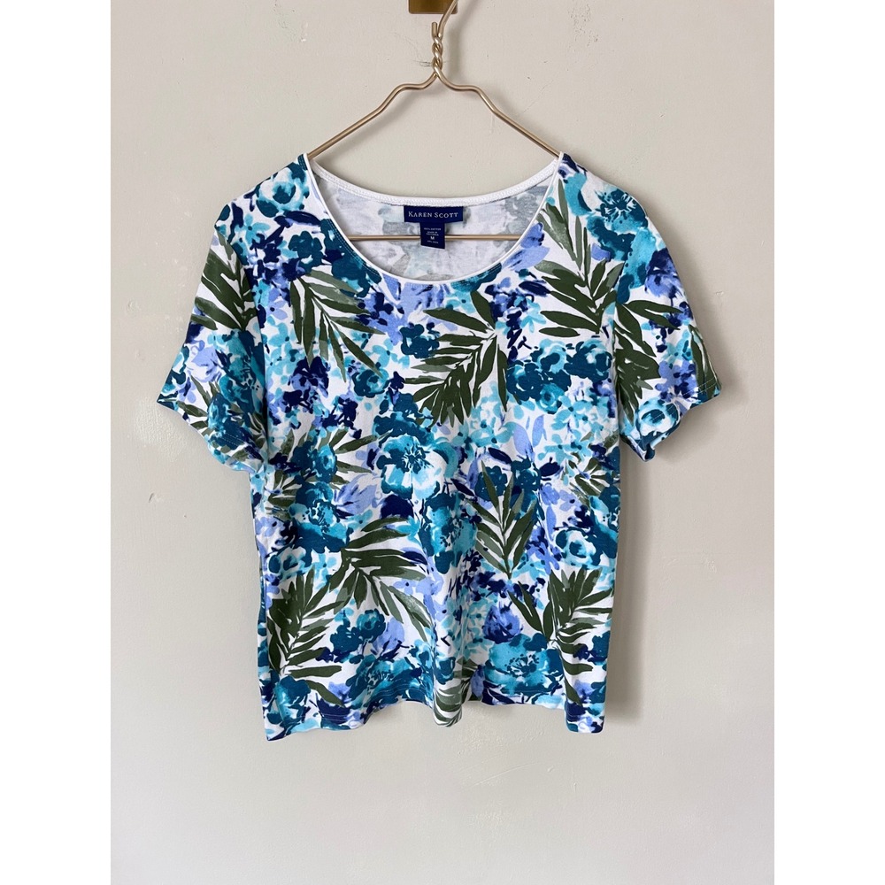 Karen Scott Womens Blue Tropical Floral Palm Print Cotton Short Sleeve Top M